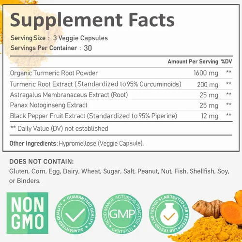 Miniatura 2 de Cúrcuma Curcumina 1800mg con 95% Curcuminoides y Pimienta Negra – Fórmula de Alta Absorción para Articulaciones, Inflamación y Apoyo Inmunológico