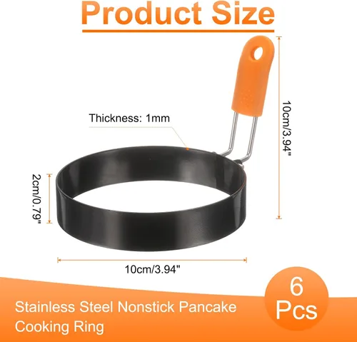 Miniatura 2 de HARFINGTON 6 anillos de huevo de 4 pulgadas de acero inoxidable antiadherente para panqueques con mango de silicona para freír huevos, sándwich
