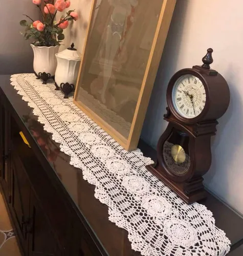 Miniatura 3 de Pasillos de mesa de algodón de ganchillo hechos a mano, color beige, bufandas ovaladas, 11.8 x 35 pulgadas.