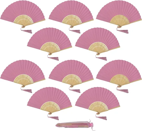 Miniatura 10 de Paquete de 10 abanicos plegables de mano de papel con borla y varillas de bambú de grado A para mujeres y niñas, regalo de fiesta de verano, Azul