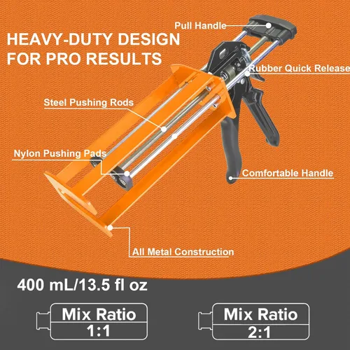 Miniatura 3 de Pistola epoxi de doble componente, 13.5 fl oz, aplicador adhesivo manual de relación 1:1 y 2:1 para epoxi, uretano, acrílico, pistola adhesiva de 2