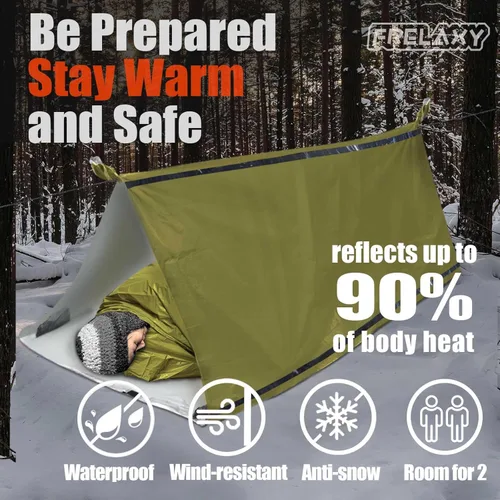 Miniatura 2 de Frelaxy Tienda de campaña de emergencia extra gruesa, tienda de campaña de supervivencia compacta con silbato, cuerda paracord, bolsa de Verde