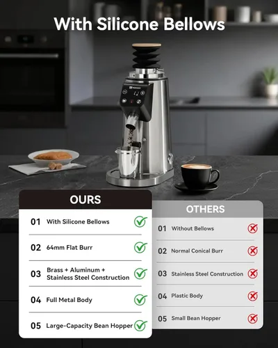 Miniatura 8 de MOKKOM Molinillo de café profesional de rebabas planas de 64mm con 100 ajustes de molienda, cuerpo de acero inoxidable totalmente metálico