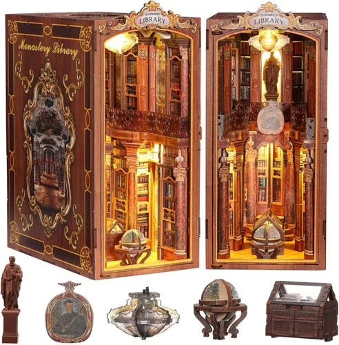 SainSmart Jr. Kit de rincón de libros - Casa de muñecas DIY con luz LED - Kits de rompecabezas de madera en 3D en miniatura - Sujetalibros -