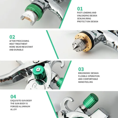Miniatura 6 de HVLP Pistola de pulverización de aire de alimentación por gravedad, kits profesionales de pintura de aire con 3 boquillas de 1.4/1.7/0.079 in y Verde