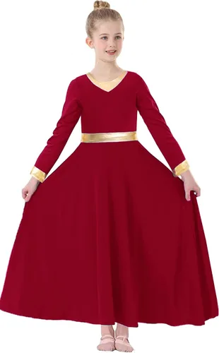 Vestido de baile de alabanza para niñas, color dorado metálico, vestido litúrgico, vestido de iglesia, vestido de longitud completa, disfraz lírico