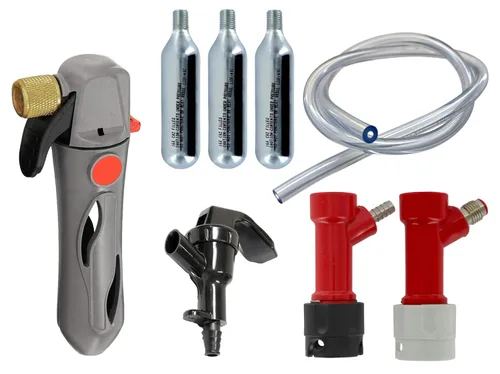 PKDS-002 sistema despachador de cerveza portable con cargador de CO2 y 3 cartuchos, con llave y pasador de bloqueo.