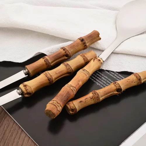 Miniatura 4 de Juego de 2 cucharas de servir de acero inoxidable de 10.0 pulgadas con mango de bambú natural, grandes utensilios plateados para servir, cucharón
