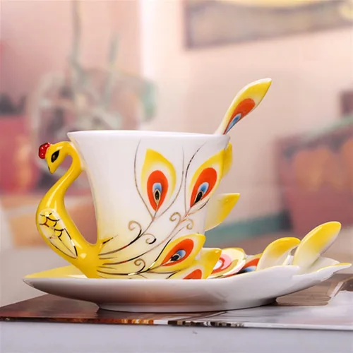 Miniatura 6 de Taza, taza de escritorio de café, taza de cerámica creativa 3D hecha a mano de porcelana esmaltada de pavo real taza de café con platillo y cuchara