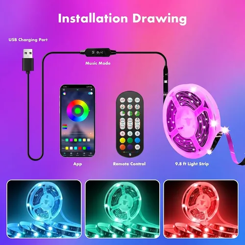 Miniatura 7 de Luces LED para TV, retroiluminación RGB de TV de 9.8 pies para televisores de 32 a 43 pulgadas, retroiluminación LED de TV con sincronización