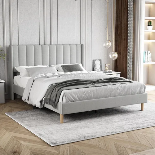 Miniatura 27 de Marco de Cama Tapizada de Plataforma Tamaño Full con Cabecero, Soporte de Listones de Madera Resistentes, No Necesita Somier, Montaje Fácil, Beige