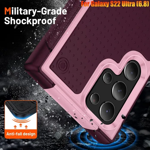 Miniatura 3 de Funda resistente para Samsung Galaxy S22 Ultra de 6.8 pulgadas, 4 esquinas con bolsas de aire [protección contra caídas de 12 pies], agarre Rosa/Rosa