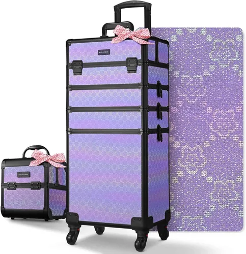 Miniatura 79 de BYOOTIQUE estuche rodante para maquillaje 4 en 1, con cerradura, maletín tipo trolley para cosméticos, con 4 ruedas extraíbles, organizador de viaje