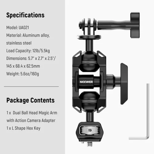 Miniatura 8 de NEEWER Brazo mágico compatible con GoPro 13 Hero 12 11 10 DJI Osmo Action 4 3 Insta360 One X3 GO3 SmallRig, adaptador de brazo articulado