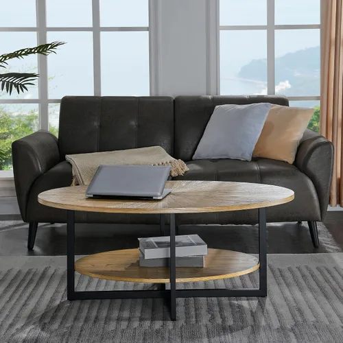 Miniatura 7 de Mesa de Centro Ovalada de Madera Maciza con Patas de Metal Cruzadas, Mesa Central Industrial Moderna de 43.3 Pulgadas con Estante Abierto Mesa