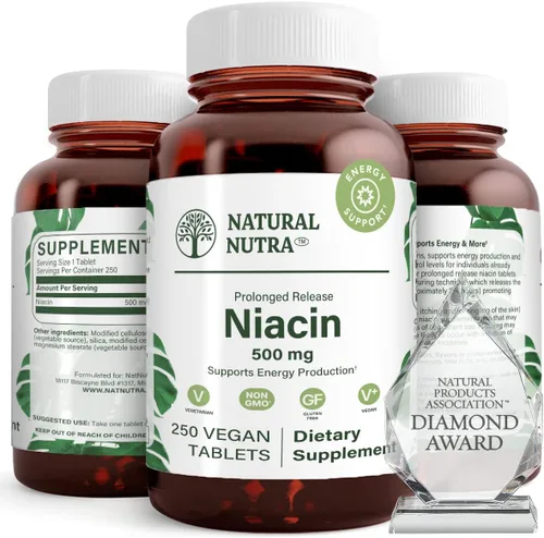 Natural Nutra Niacina lenta de liberación prolongada de 500 mg (vitamina B3), apoya el colesterol saludable, promueve la salud cardiovascular,