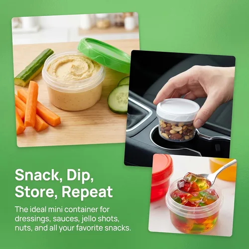 Miniatura 6 de EONJOE Recipientes de plástico de 2 onzas con tapas, recipiente pequeño para aderezo de ensalada para llevar, tazas para salsas y condimentos