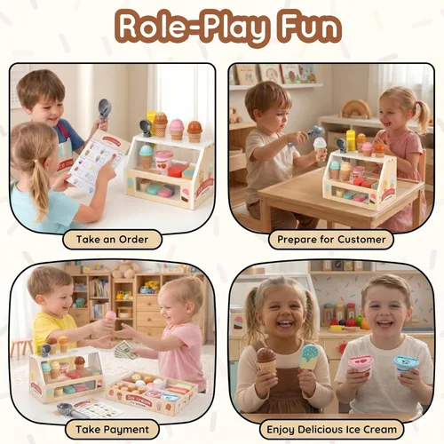 Miniatura 4 de WHOHOLL Juguetes de helado de madera para niños, juguete de simulación para niños pequeños, accesorios de cocina con cuchara, menú, juego de helado