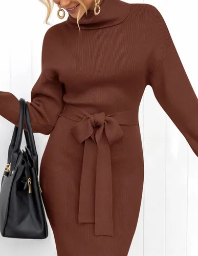 Miniatura 84 de ZESICA - Vestido por debajo de la rodilla de suéter, de cuello alto, para mujer, de manga larga, de punto acanalado, con abertura y cinturón