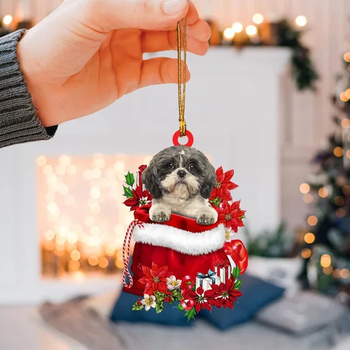 Miniatura 3 de Talataca Lhasa Apso - Bolsa de regalo de Papá Noel en color rojo, 2D, accesorios para espejo retrovisor para automóvil, adorno para árbol