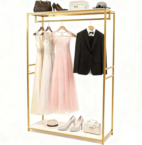 Miniatura 10 de Estante de ropa de 71 pulgadas con estantes, estante para vestidos de boda, estante de exhibición de ropa al por menor, resistente comercial