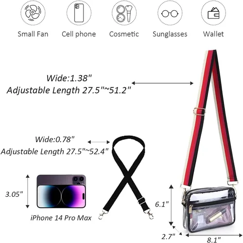Miniatura 3 de Bolso cruzado transparente aprobado para estadios, bolsa transparente de PVC impermeable para conciertos, estadio, bolsa cruzada transparente con 2