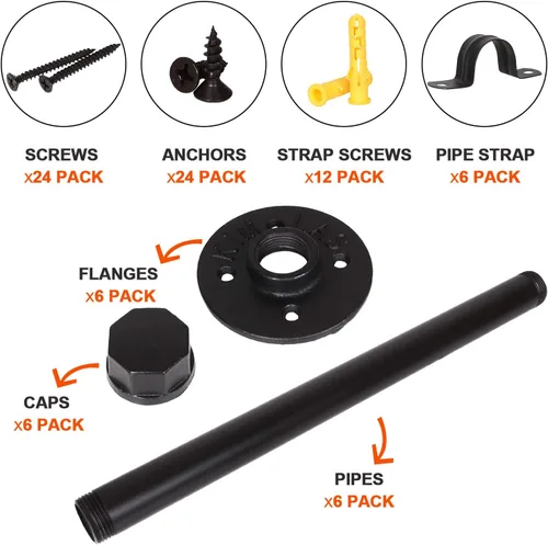 Miniatura 5 de Paquete de 6 soportes industriales para estantes de tubos de 12 pulgadas, soporte flotante de tubo de hierro de 12 pulgadas, negro resistente