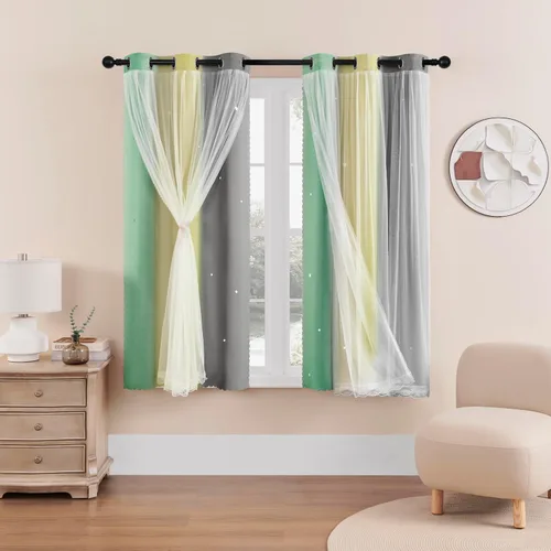 Miniatura 110 de XiDi Cortinas opacas con estrellas para habitaciones de niños, cortinas verdes para ventana de dormitorio de niños, azul y gris, 52 pulgadas de Azul