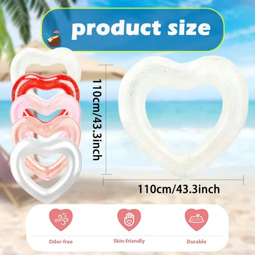 Miniatura 2 de Paquete de 4 anillos de natación inflables con forma de corazón, flotadores de piscina para adultos, suministros de fiesta en la playa, 47.2 x 39.4