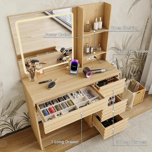 Miniatura 3 de Escritorio estriado con espejo y luces HD, mesa de tocador de maquillaje de madera con 4 cajones y estantes abiertos, juego de tocador de mediados