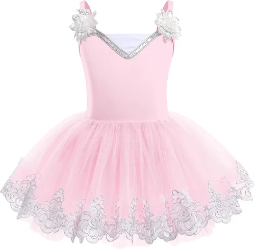 ODASDO Leotardo de ballet para niñas, camisola, faldas tutú, lentejuelas brillantes, bordado de flores, vestido de baile, traje de gimnasia