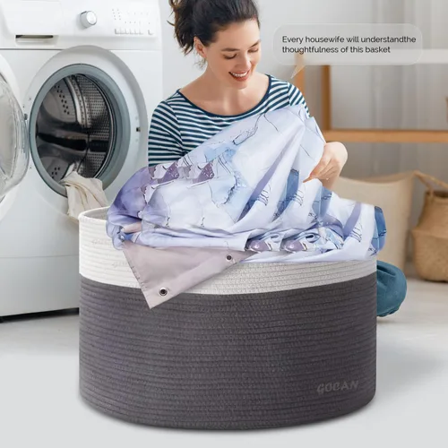 Miniatura 4 de GOCAN Cesta de lavandería extragrande para almacenamiento de juguetes 22"X22"X14" cesta para mantas de cuerda de algodón tejida con asas para sala