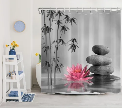Miniatura 5 de LB Cortina de ducha de spa Zen azul y gris, piedra de bambú gris con flor de lirio de agua azul, cortina de ducha moderna para spa, decoración