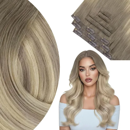 Miniatura 61 de Ve Sunny Extensiones de cabello clip-in de cabello humano real con reflejos, extensiones de cabello con clip para cabello corto, marrón oscuro
