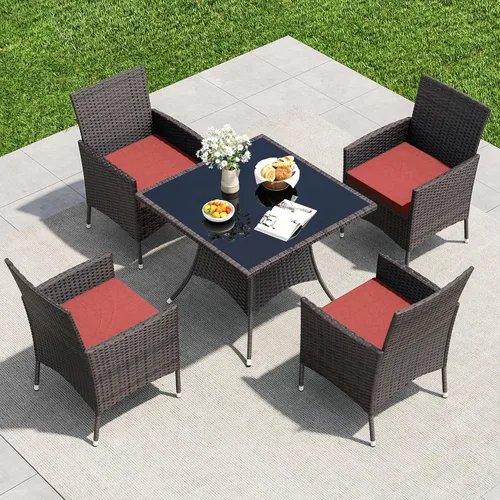 Miniatura 16 de Juego de 10 piezas de comedor para patio al aire libre, mesa de patio y sillas de ratán con agujero para paraguas, juego de mesa de comedor para 8