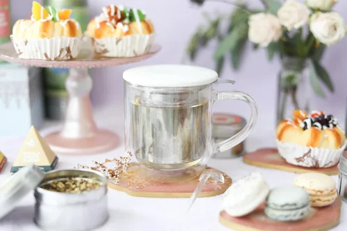 Miniatura 2 de Teabloom Taza de té para uno: taza de vidrio aislada de doble pared (12 onzas), infusor de acero inoxidable, tapa de porcelana/posavasos - ideal