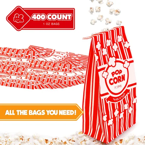 Miniatura 2 de Bolsas de papel para palomitas de maíz de Poppy's - 400 bolsas de 1 onza de grado de concesión, accesorios para máquinas de palomitas de maíz