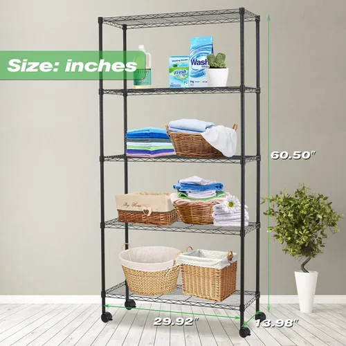 Miniatura 3 de HCY Estantería de 5 niveles con ruedas, estante de metal resistente NSF de altura ajustable para lavandería, baño, cocina, garaje, despensa, Negro