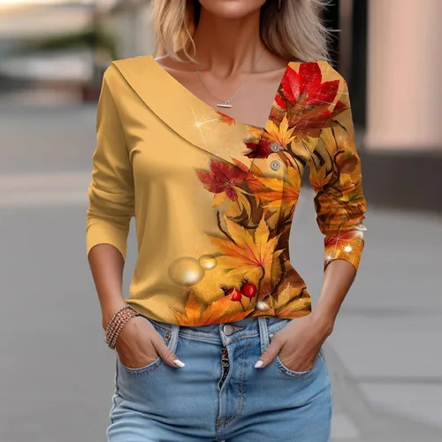 Miniatura 2 de Blusas sueltas de manga larga con cuello en V para mujer, estampado floral, cuello de solapa, asimétrica, con botones, para otoño 2023