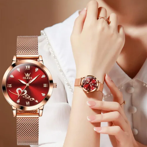 Miniatura 9 de OLEVS Reloj de pulsera de cuarzo analógico con diamantes de oro rosa para mujer, vestido de lujo, acero inoxidable, luminoso, impermeable, fecha