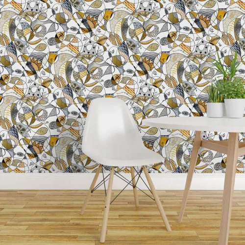 Miniatura 3 de Muestra de papel tapiz extraíble - Línea Gris Amarillo Grande Negro Blanco Hojas Círculos Puntos Papel pintado personalizado pre-pegado por