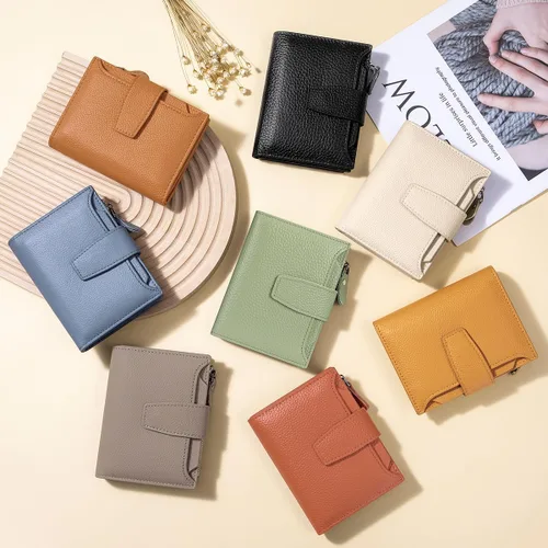 Miniatura 8 de Cartera de piel plegable con bloqueo RFID para mujer, tarjetero compacto con bolsillo con cremallera para monedas y 4 ventanas de identificación