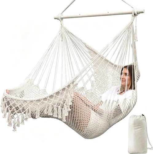 Miniatura 11 de Chihee - Silla de Hamaca Extra Grande, Sillas Colgantes Suavemente Tejidas con Cuerda de Algodón, Barra de Metal Plegable y Resistente, Asiento