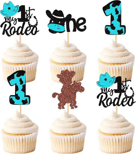 Miniatura 8 de 24 piezas de decoración de cupcakes con purpurina de vaca blanca y negra, para vaqueros, baby shower, niños y niñas, decoración de pastel