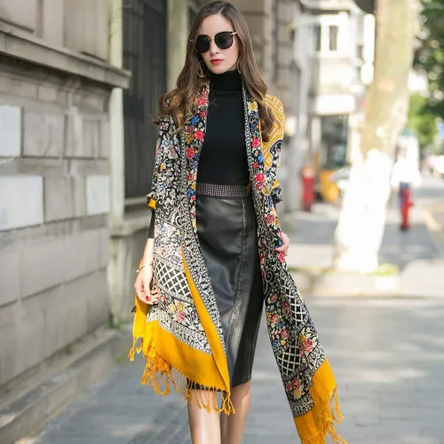 Miniatura 2 de DANA XU 100% pura lana merino extra grande pashmina cachemira bufanda chal y envoltura para mujeres invierno manta floral de gran