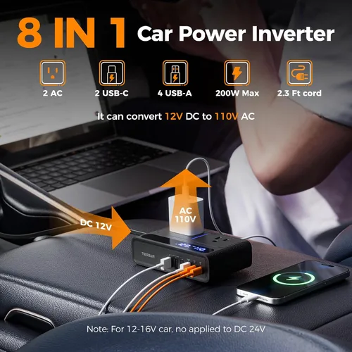 Miniatura 2 de TESSAN - Inversor de corriente para automóvil de 200 W, convertidor de 12 V CC a 110 V CA con 2 salidas de CA y 6 puertos USB con USB de 36 W