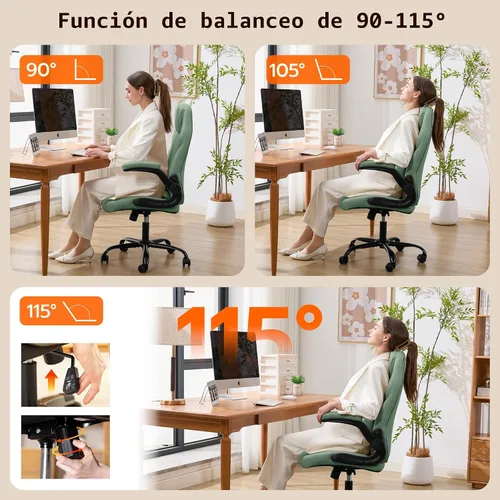 Miniatura 4 de Silla de Escritorio de Oficina, Silla Ergonómica para Computadora con Brazos Abatibles Acolchados y Soporte Lumbar Ajustable, Silla Ejecutiva
