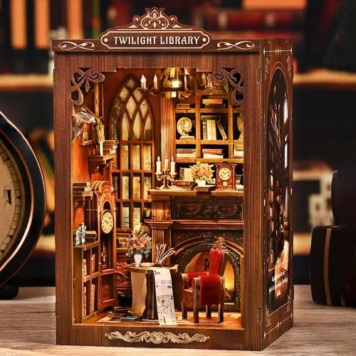Miniatura 2 de Kits de rincón de libros para adultos, rompecabezas de madera 3D para casa de muñecas, estantería en miniatura para casa de muñecas, decoración