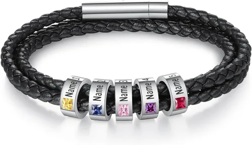 Miniatura 30 de Pulsera personalizada para el Día del Padre para hombre, pulseras personalizadas de cuero trenzado negro con cuentas grabadas de 1 a 8 nombres