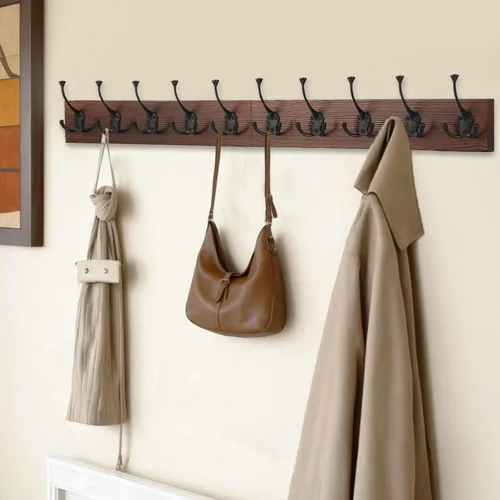 Miniatura 3 de IBosins Perchero de pared de 34'' con 10 ganchos tri-decorativos, colgador de abrigos de madera resistente, barra de ganchos rústicos para entrada